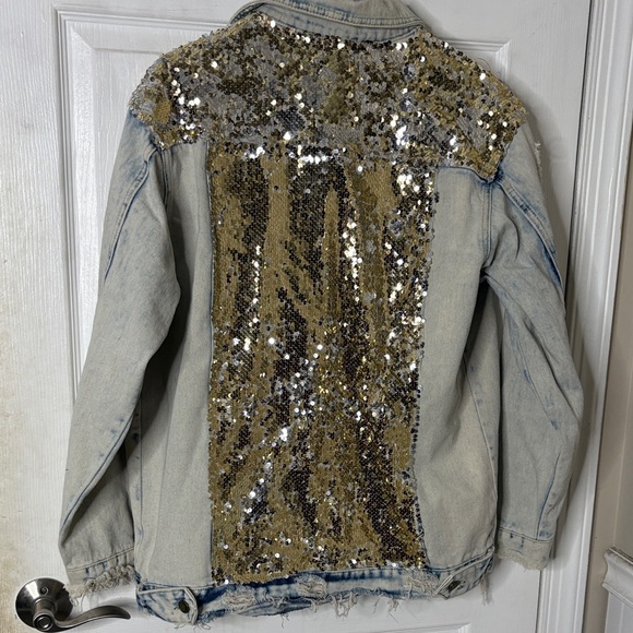 Oversized L&B Light Blue Denim Jacket with Gold and Silver Sequins - Picture 3 of 3